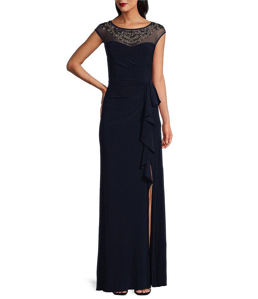 Alex Evenings Cap Sleeve Beaded Round Illusion Sweetheart Neckline Cascade Ruffle Gown Product Image