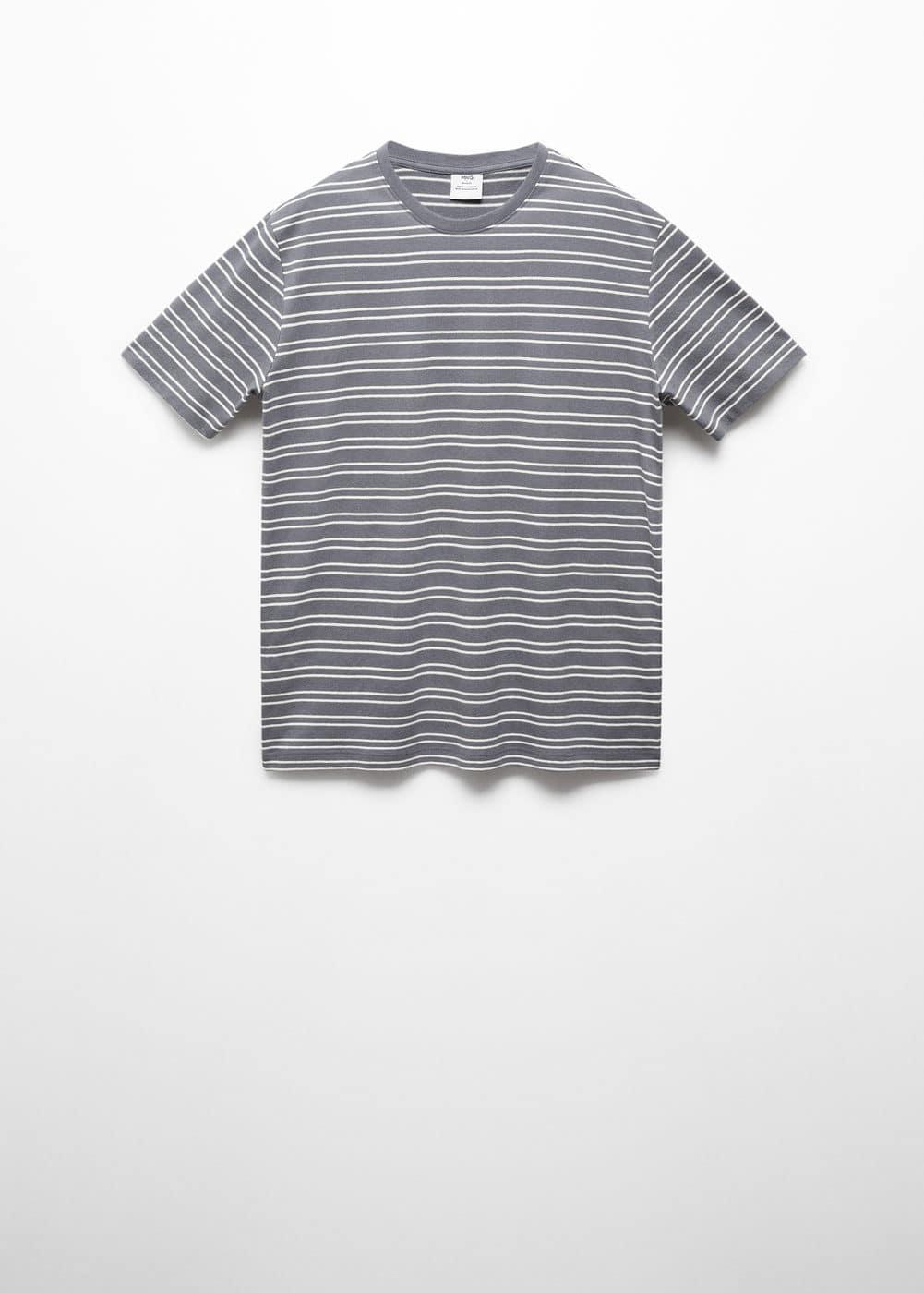 MANGO MAN - Striped cotton linen-blend T-shirt petrol blueMen Product Image