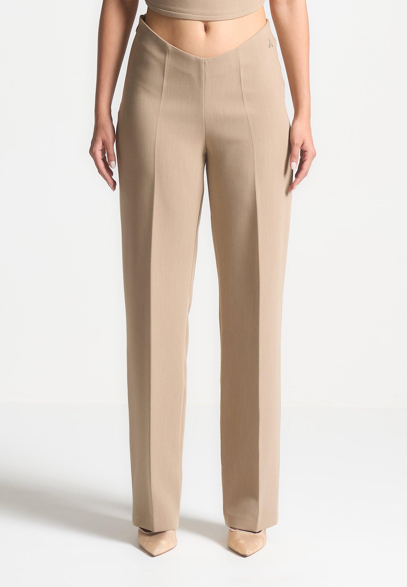 Curved Waist Tailored Trousers - Dark Beige Female Product Image