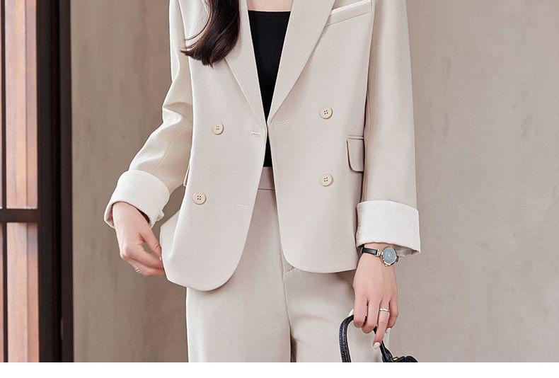 Lapel Collar Plain Single Button Blazer / Mid Waist Plain Wide Leg Slacks / Set Product Image