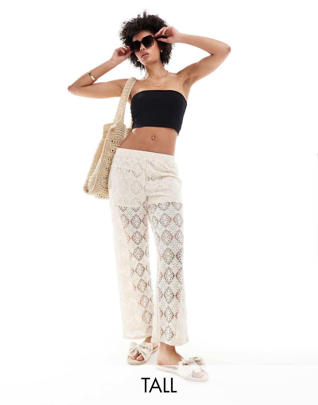 JDY Tall crochet wide leg pants with short insert in stone Product Image