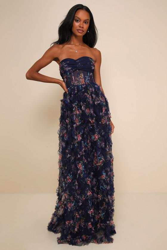 Stunning Element Navy Floral Mesh Ruffled Strapless Maxi Dress Product Image