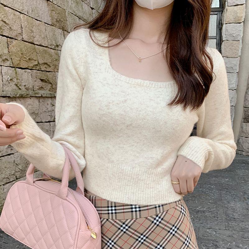 Square Neck Plain Crop Sweater  Product Image