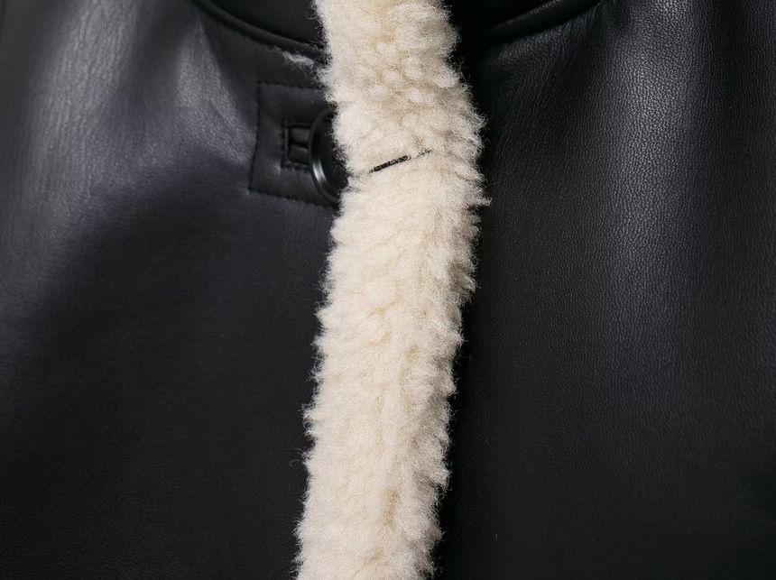 Stand Collar Faux Leather Fleece Trim Coat Product Image