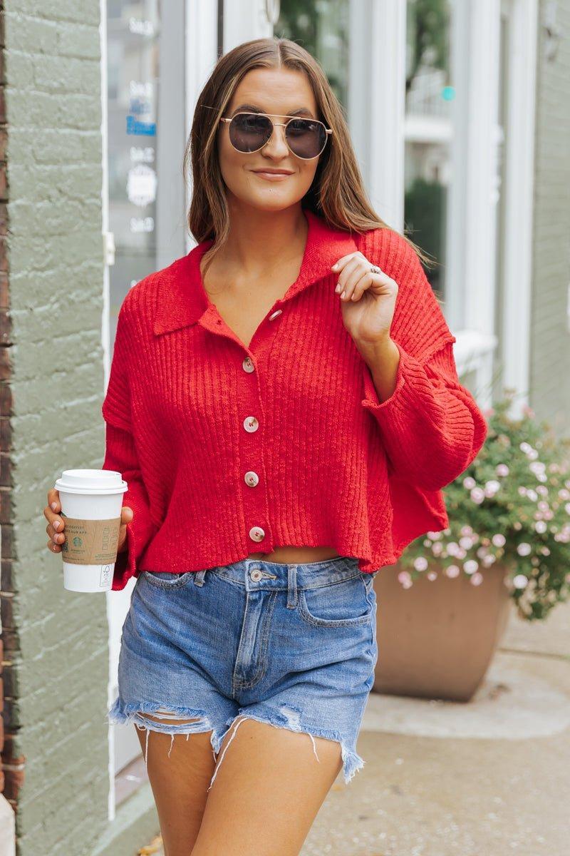 Loving On You Button Down Sweater - Red - FINAL SALE Female Product Image