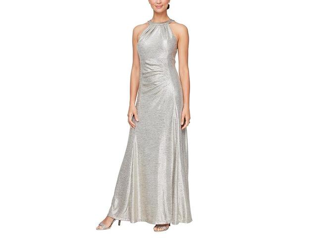 Alex Evenings Metallic Knit Long Halter Neck Dress with Ruched Waist (Champagne) Women's Dress Product Image