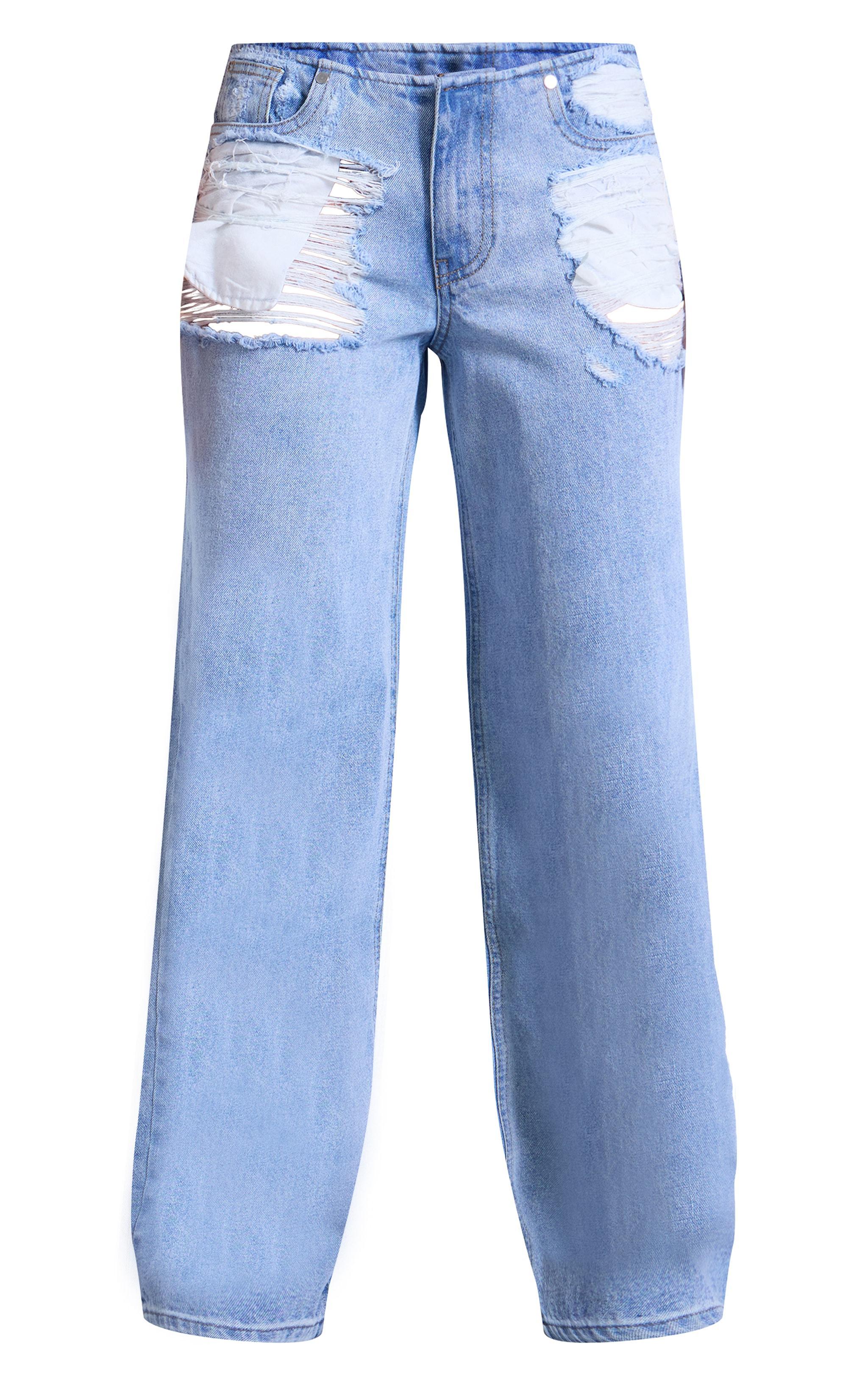 Light Blue Distressed Pocket Detail Straight Leg Jeans Product Image