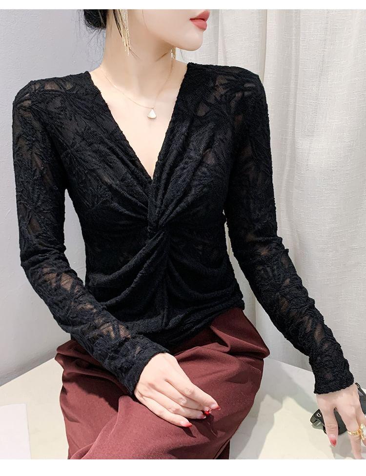 Long-Sleeve V-Neck Knotted Lace Top Product Image