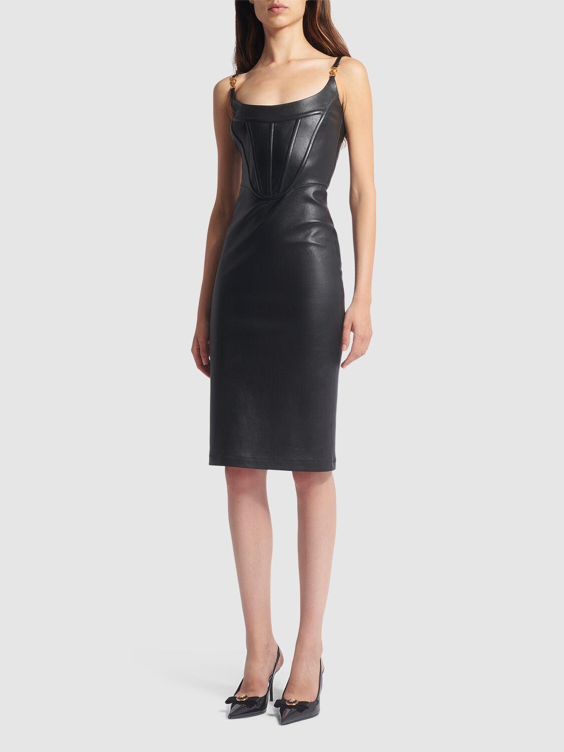 VERSACE Stretch-leather Bodycon Midi Dress In Black Product Image