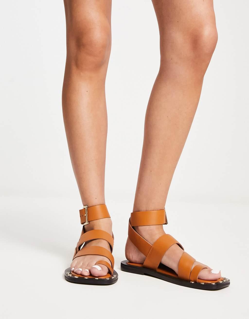 ASOS DESIGN Foxy leather studded toe loop flat sandal in tan Product Image