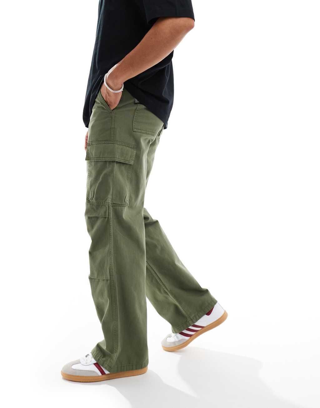 ASOS DESIGN baggy cargo pants with knee pleats in khaki Product Image