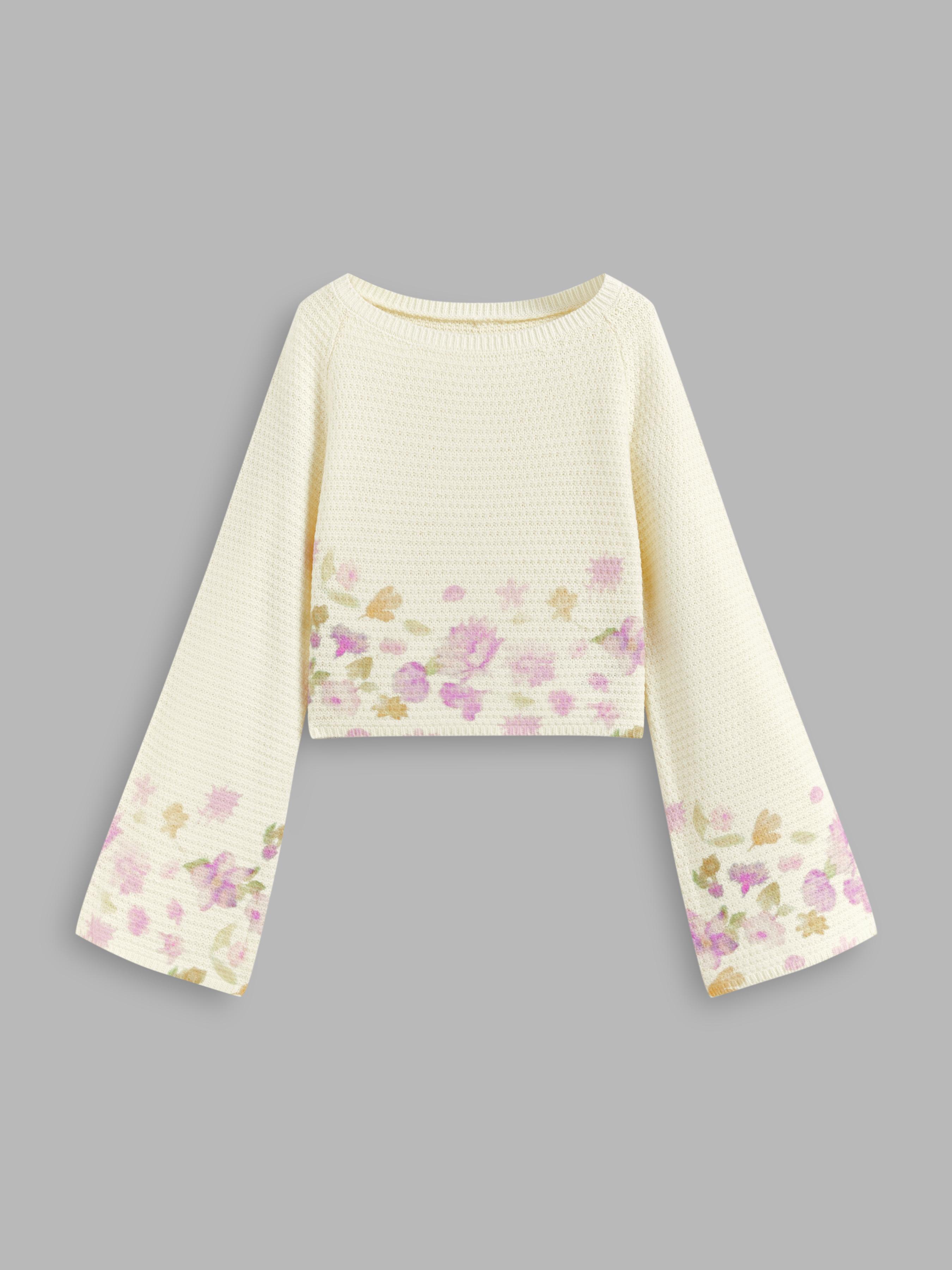 Knit Boat Neck Floral Bell Sleeve Crop Top Product Image