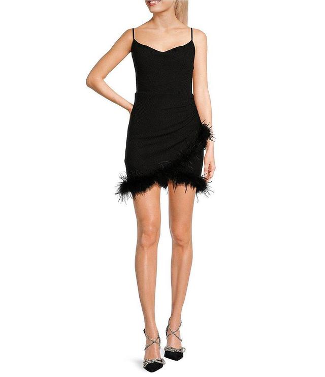 Xtraordinary Cowl Neck Feather Trim Bodycon Wrap Dress Product Image