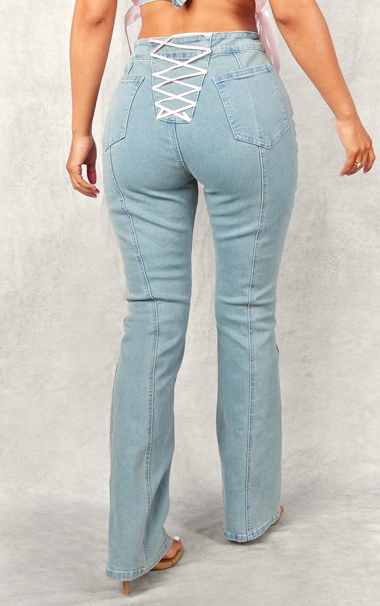 Petite Mid Blue Wash Denim Flares With Ribbon Details Product Image