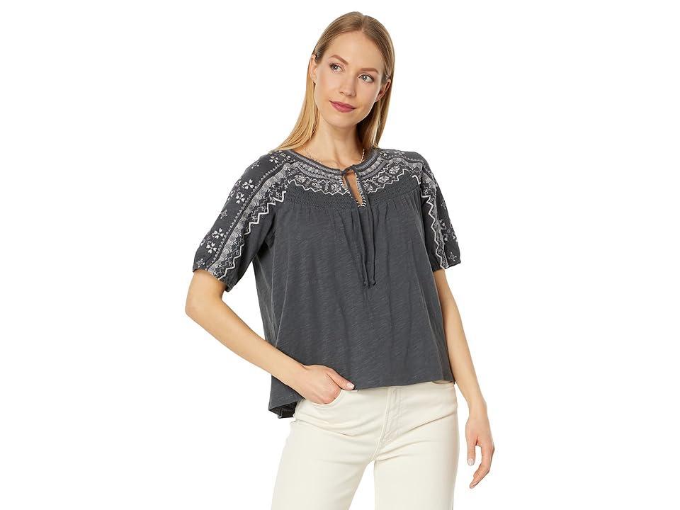 Lucky Brand Short Sleeve Embroidered Swing Top (Raven) Women's Clothing Product Image