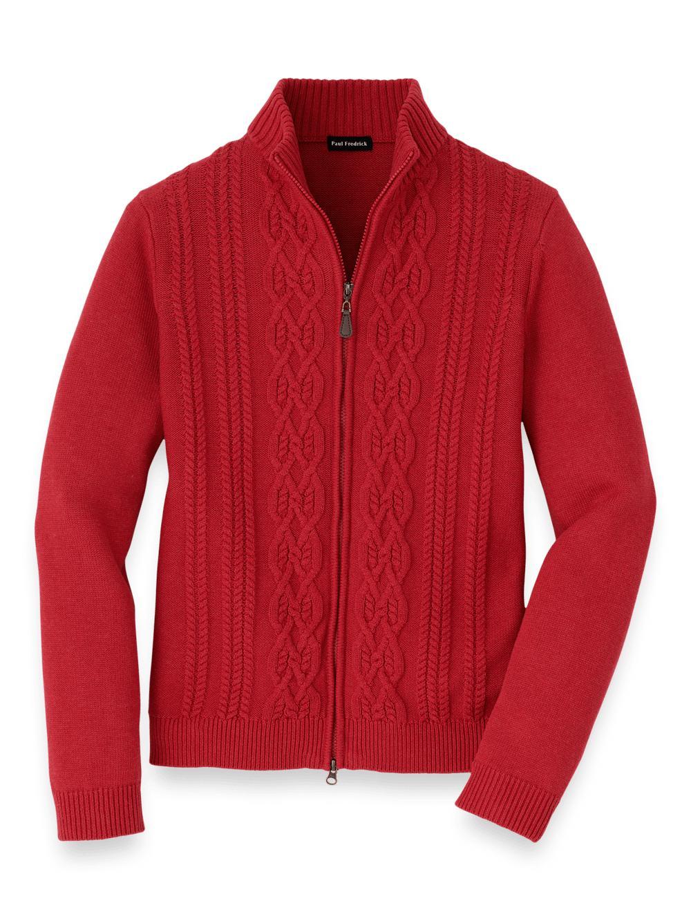 Cotton Cable Full Zip Mock Neck Sweater - Red Product Image