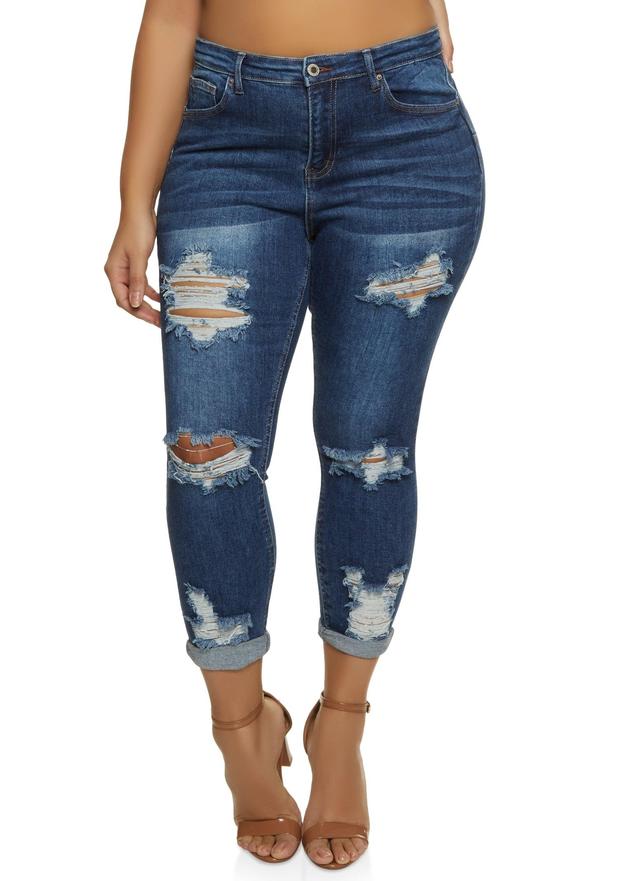 Womens Plus Size WAX Distressed Rolled Cuff Jeans Product Image