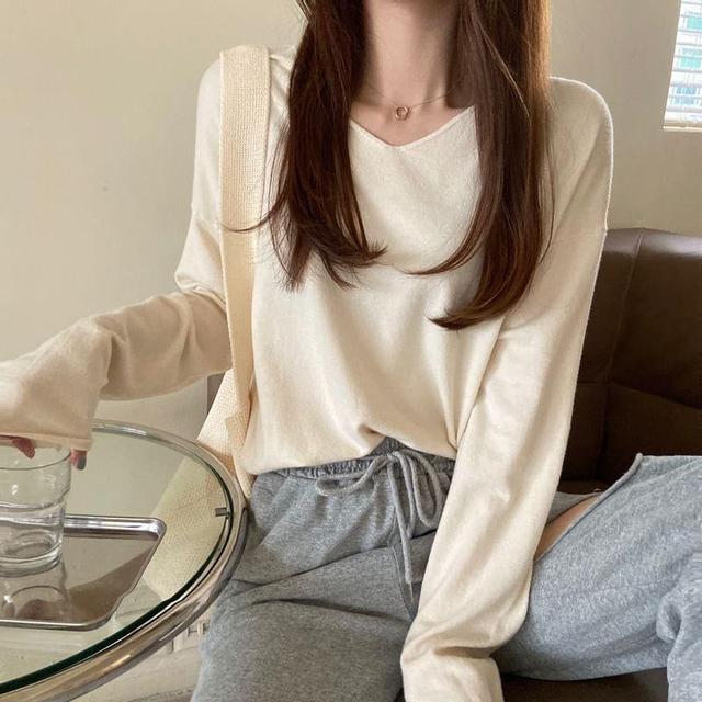 Long Sleeve V-Neck Plain Knit Top Product Image