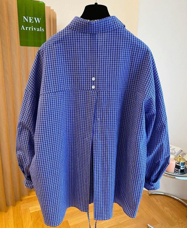 Long-Sleeve Plaid Slit Back Shirt Product Image