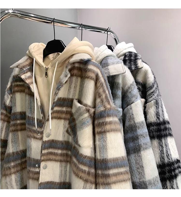 Plaid Hooded Mock Two-Piece Zip Jacket Product Image