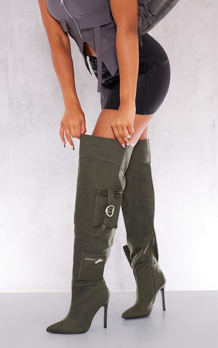 Khaki Wide Fit Denim Utility Over The Knee Heeled Boots Product Image