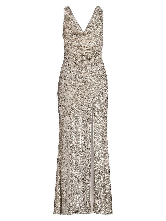 Womens Stretch Draped Sequined Gown Product Image