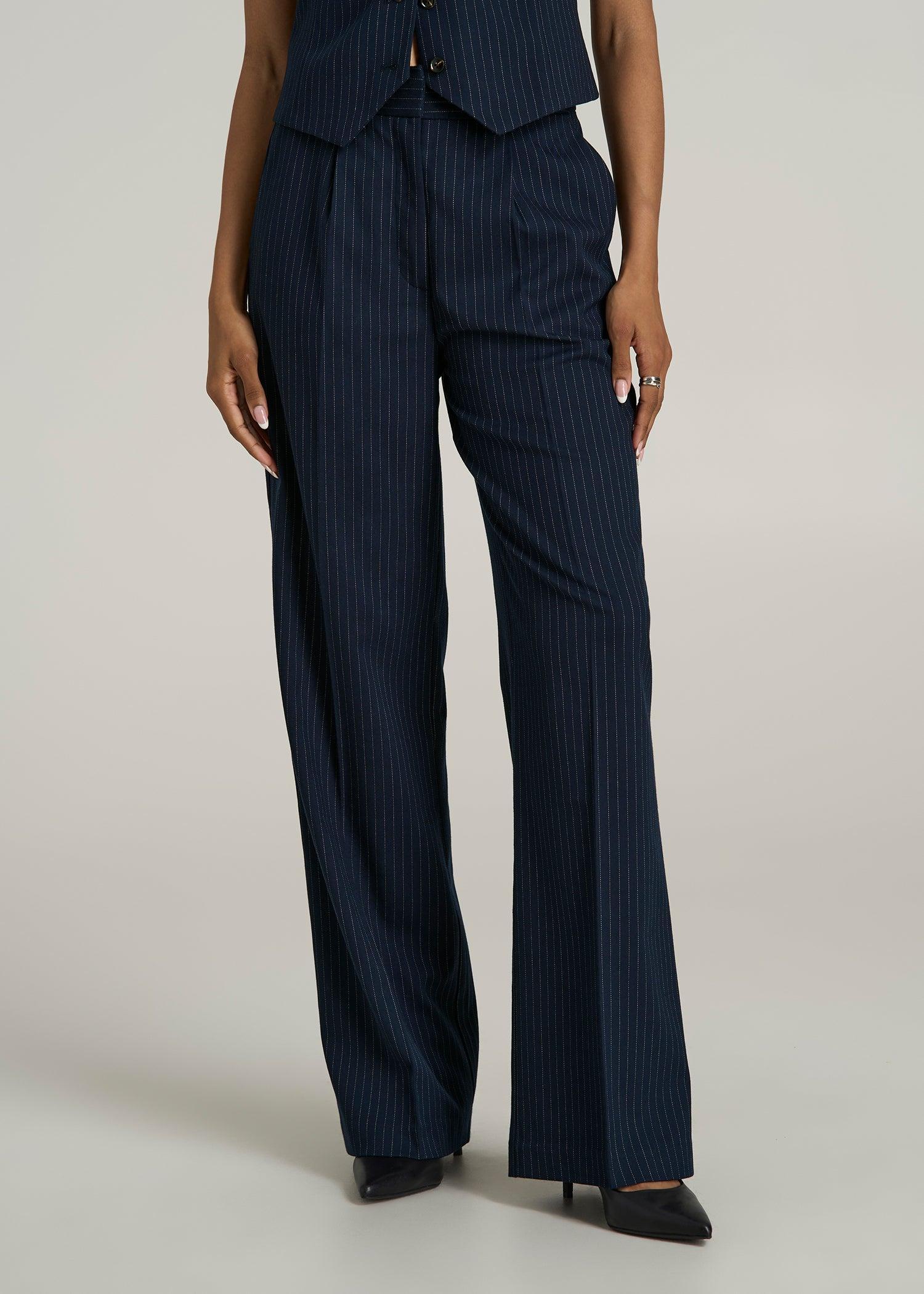 High-Rise Wide-Leg Pleated Dress Pants for Tall Women in Navy Pinstripe product image