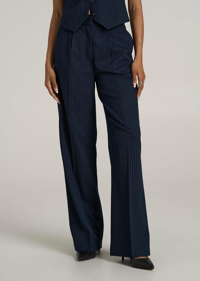 High-Rise Wide-Leg Pleated Dress Pants for Tall Women in Navy Pinstripe Female Product Image