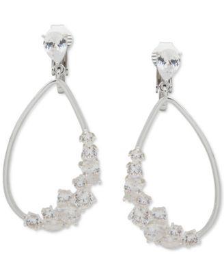 Silver-Tone Cubic Zirconia Open Tear-Shape Clip-On Drop Earrings Product Image