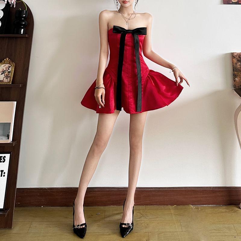 Bow Panel Satin Mini A-Line Tube Dress Product Image