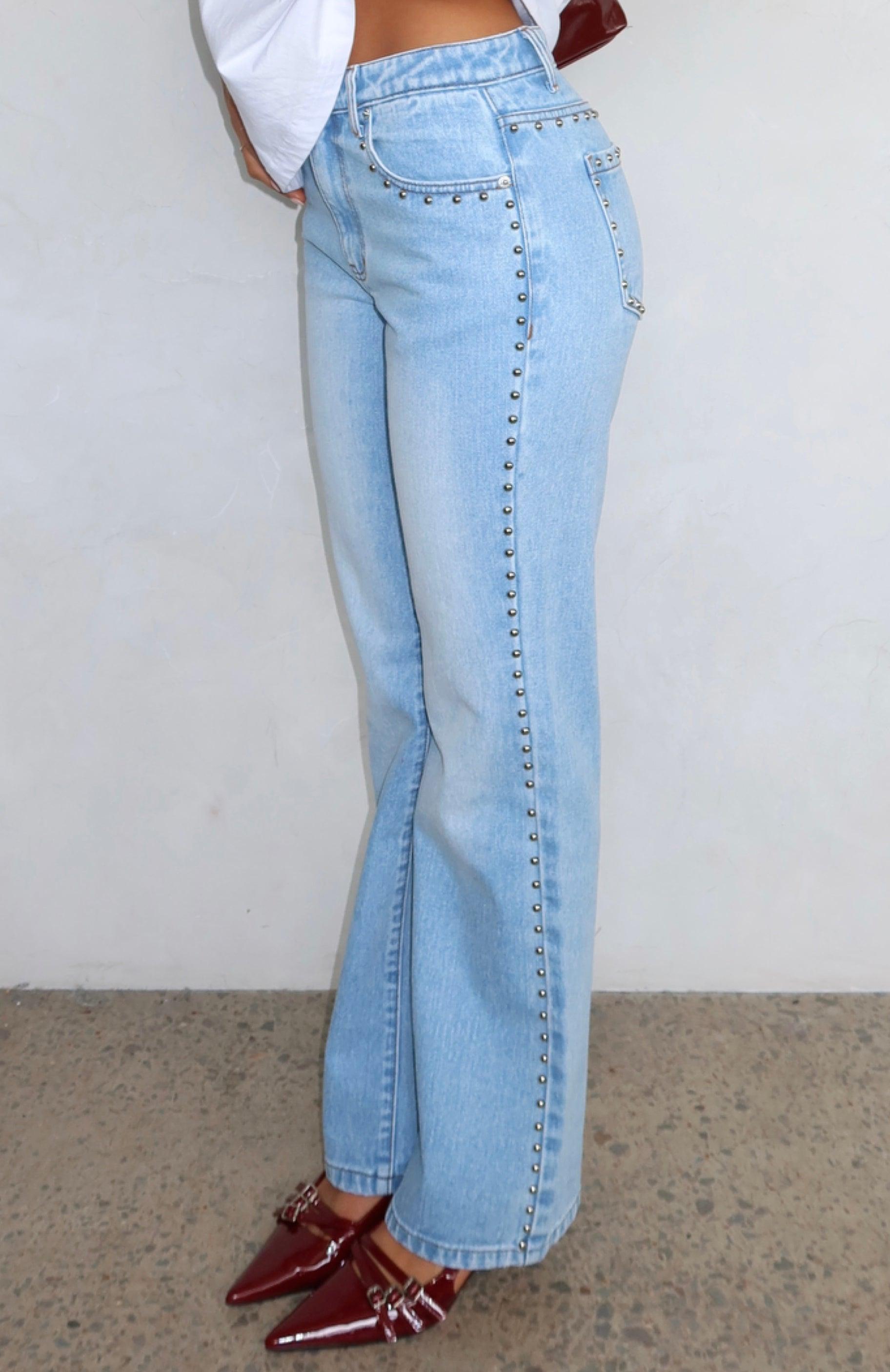 Unmatched Studded Mid Rise Straight Leg Jeans Cerulean Wash Product Image