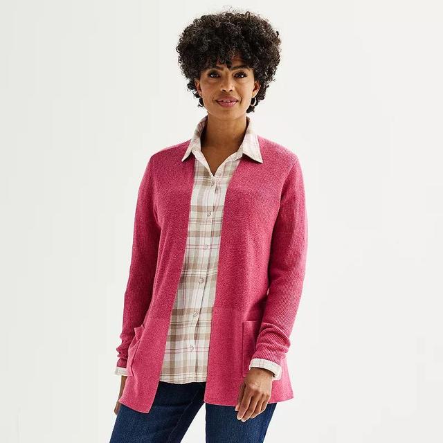 Womens Croft & Barrow Classic Ribbed Open-Front Cardigan Pink Grey Product Image