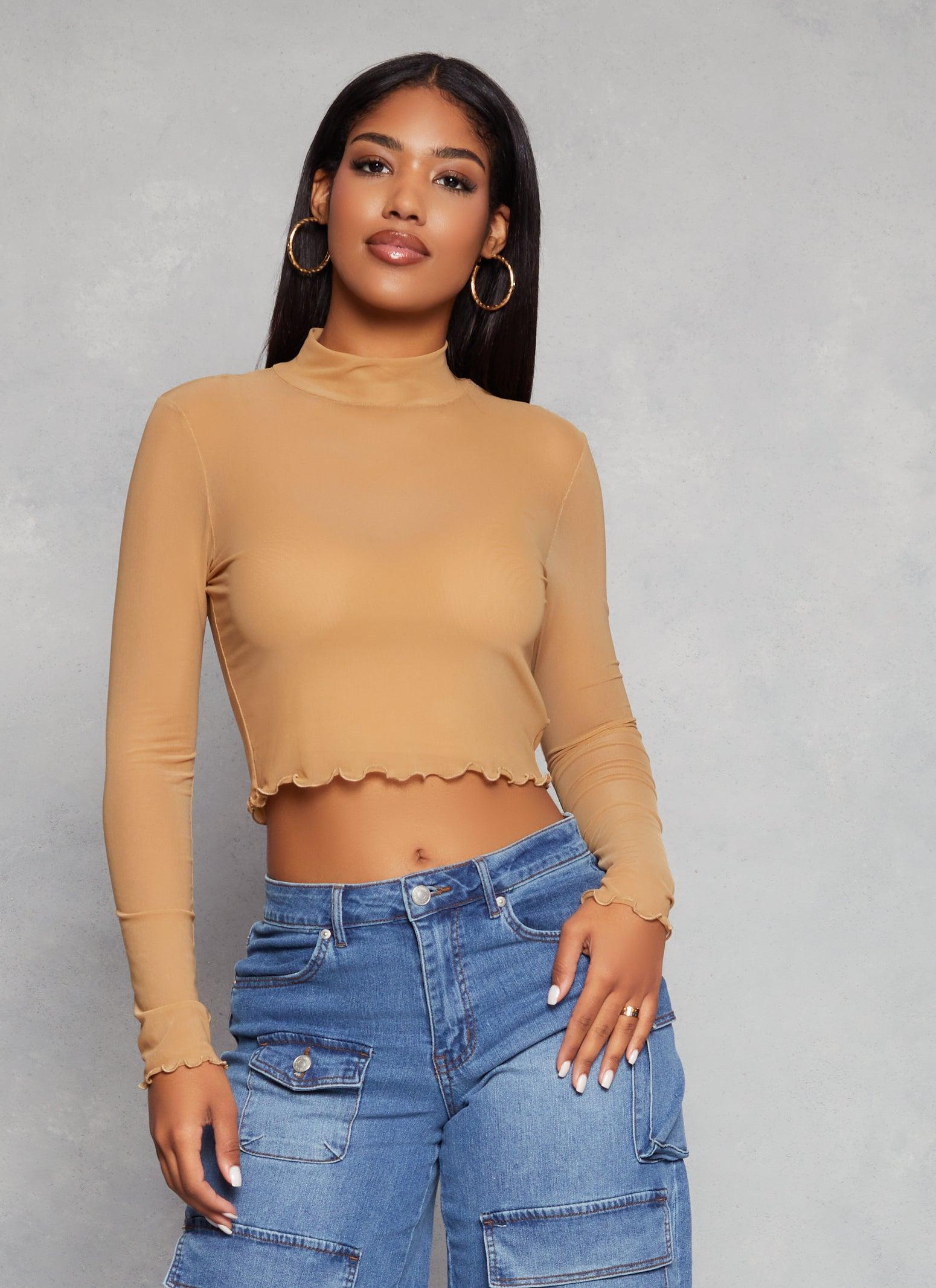 Womens Mesh Mock Neck Lettuce Edge Crop Top Product Image