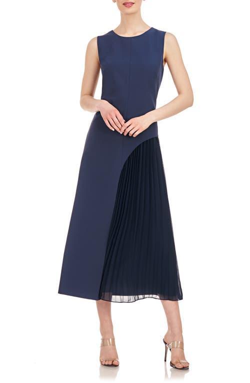 Kay Unger Stretch Crepe Jewel Neck Sleeveless Pleated Chiffon Underskirt Midi Dress Product Image