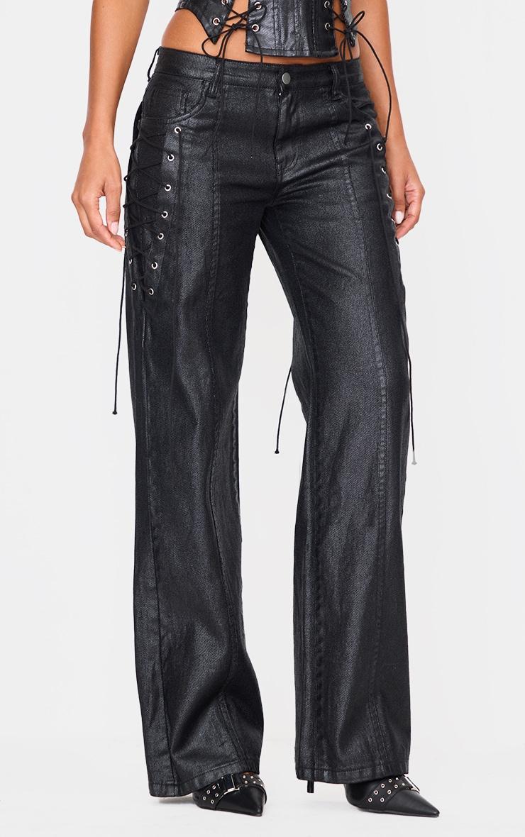 Black Coated Denim Lace Up Wide Leg Jean Product Image