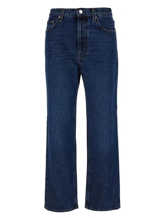 Blue High-waisted Jeans With Logo Patch In Cotton Denim Woman Product Image