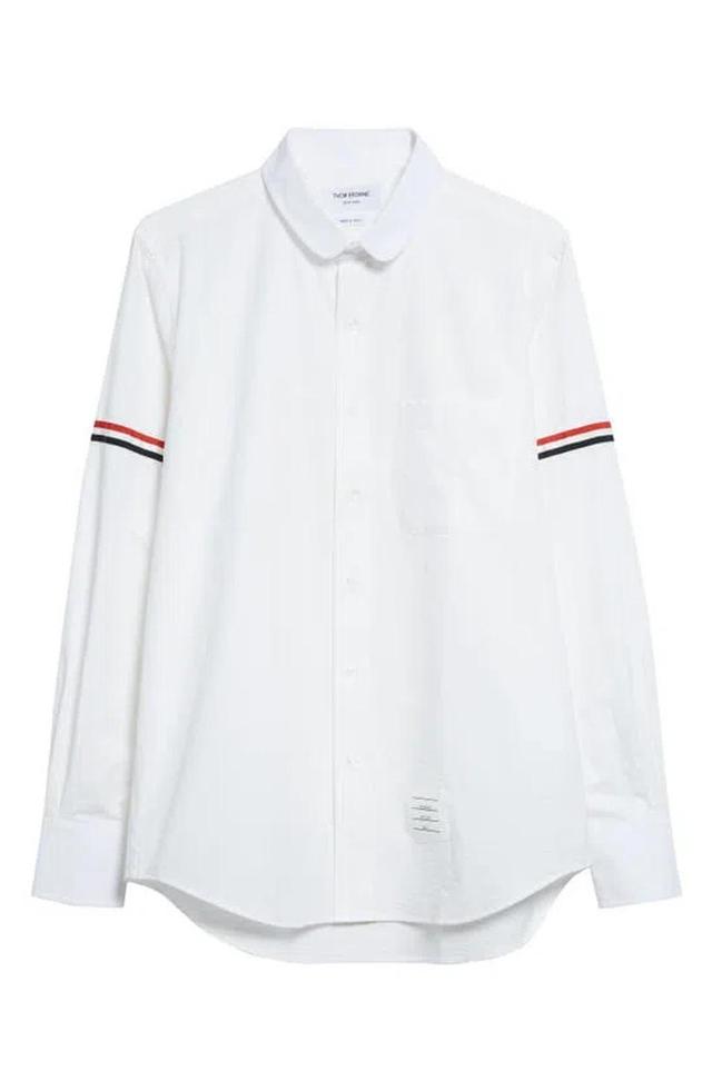 THOM BROWNE Straight Fit Stripe Trim Cotton Seersucker Button-up Shirt In White Product Image