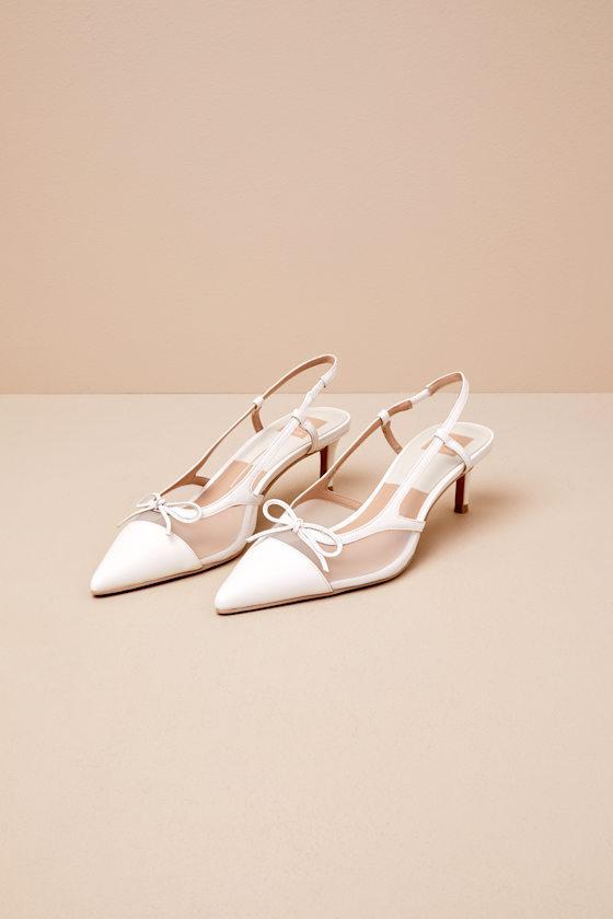 Kandi White Mesh Leather Bow Slingback Pumps Product Image