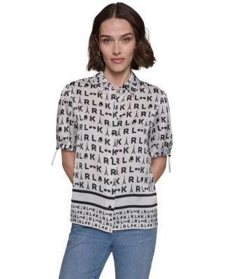 Karl Lagerfeld Paris Womens Printed Bungee-Sleeve Button-Down Top Product Image