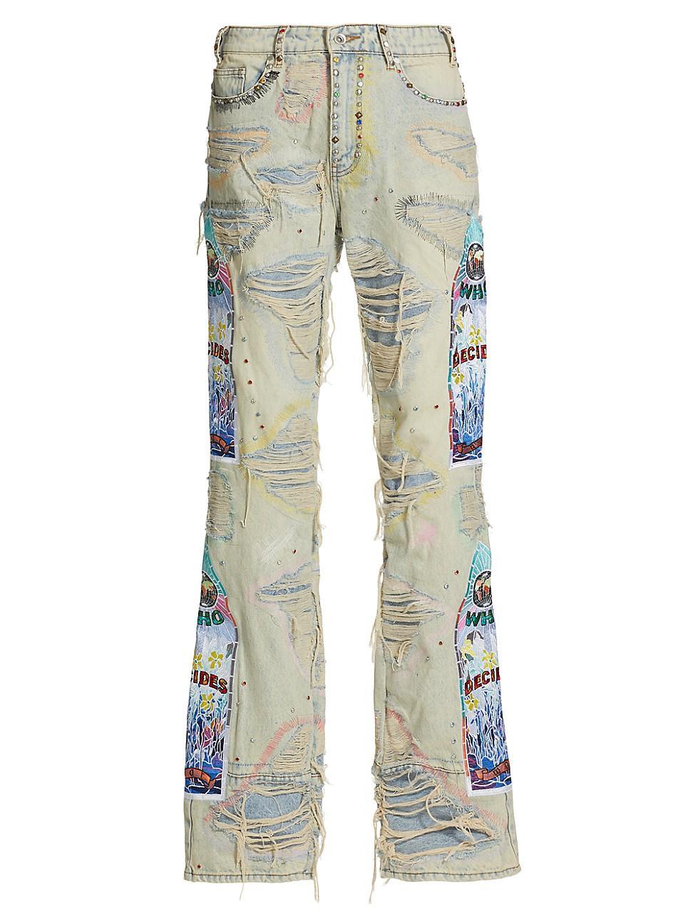 Mens Studded Distressed Embroidered Jeans Product Image