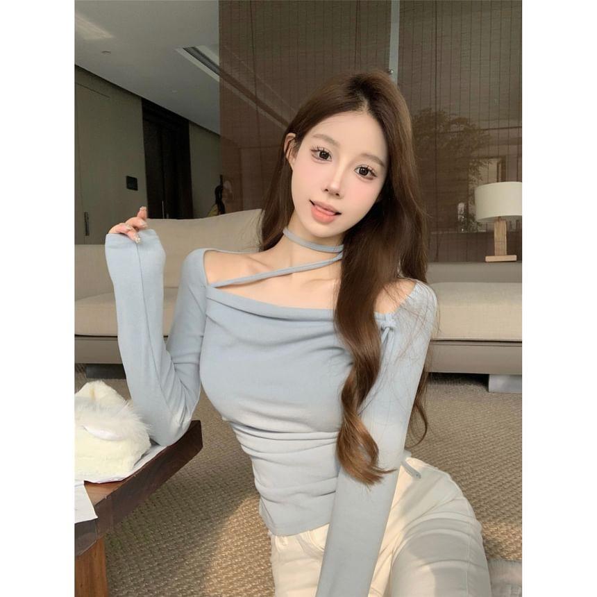 Long Sleeve Halter Plain Ruched Top Product Image