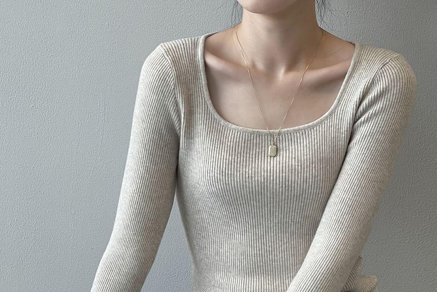 Long-Sleeve Square Neck Ribbed Knit Top Product Image