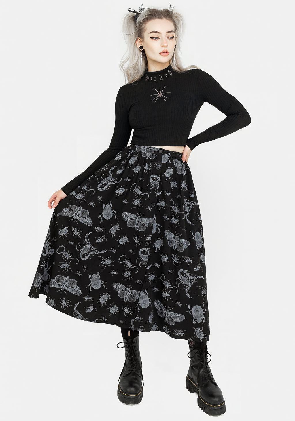 Parasite Bugs Button Front Midi Skirt - Black Product Image