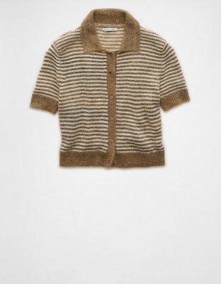 AE Striped Button-Up Cropped Sweater Polo Shirt Product Image