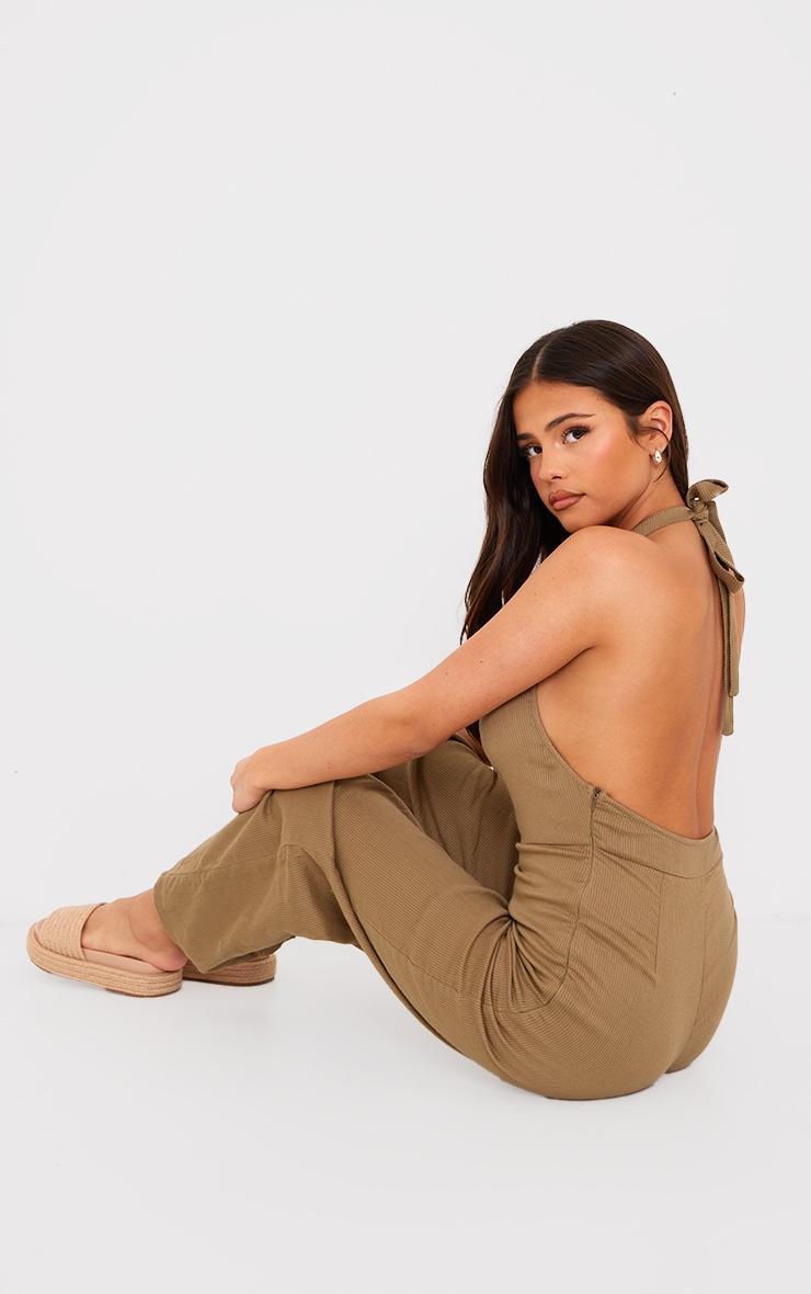 Taupe Textured Halterneck Low Back Jumpsuit Product Image