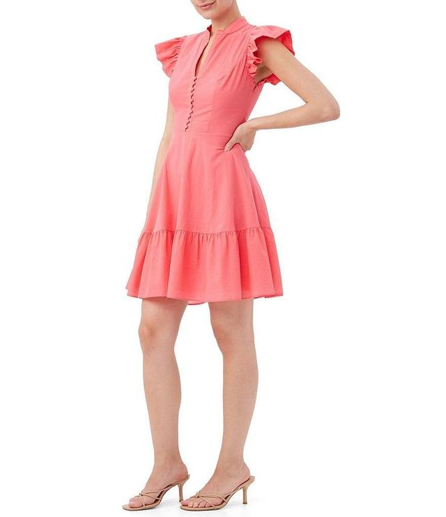 Trina Turk Vignola Cotton Voile Mandarin Collar V-Neck Cap Sleeve Ruffle Tiered A-Line Dress Product Image