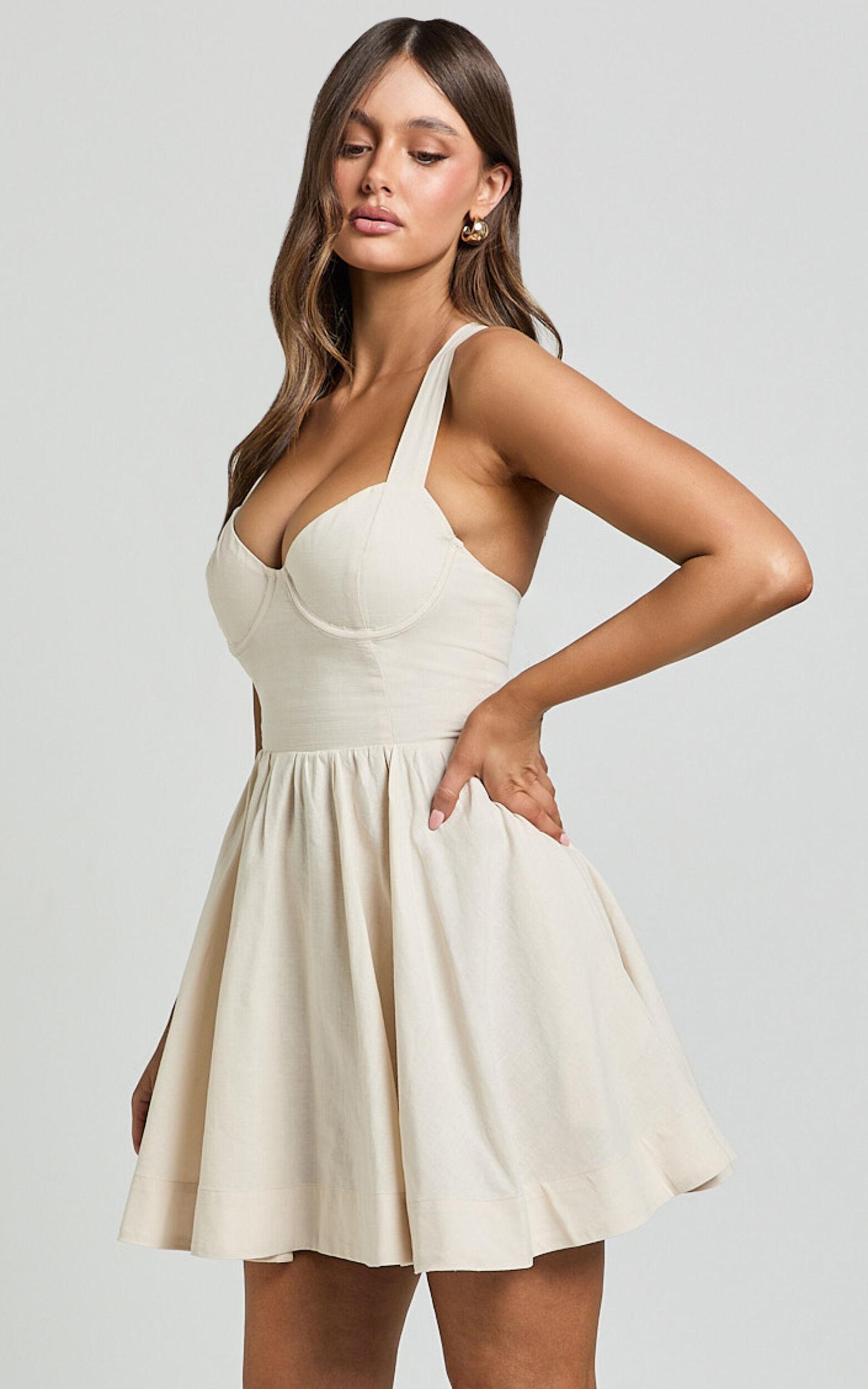 Cathryn Mini Dress - Cross Back Bustier Linen Blend Dress in Stone Product Image