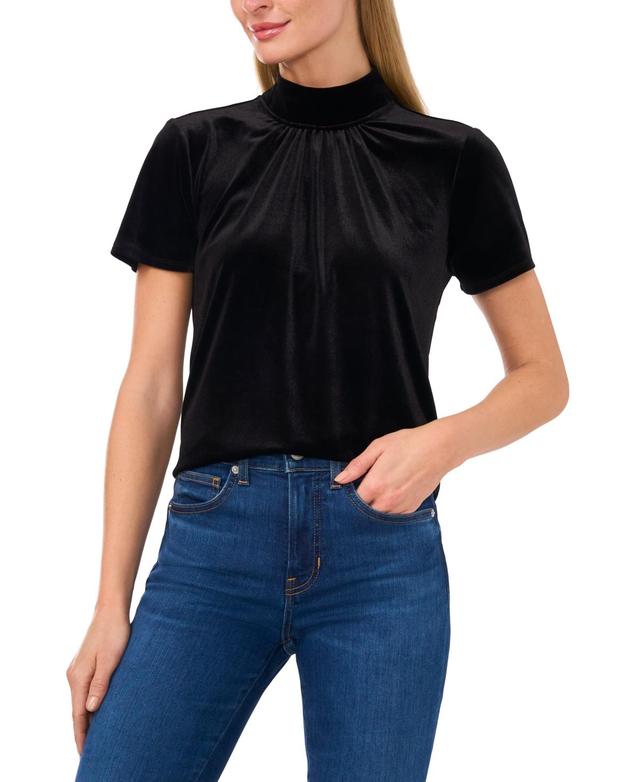 CeCe Womens Velvet Mock-Neck Tie-Back Short-Sleeve Top Product Image