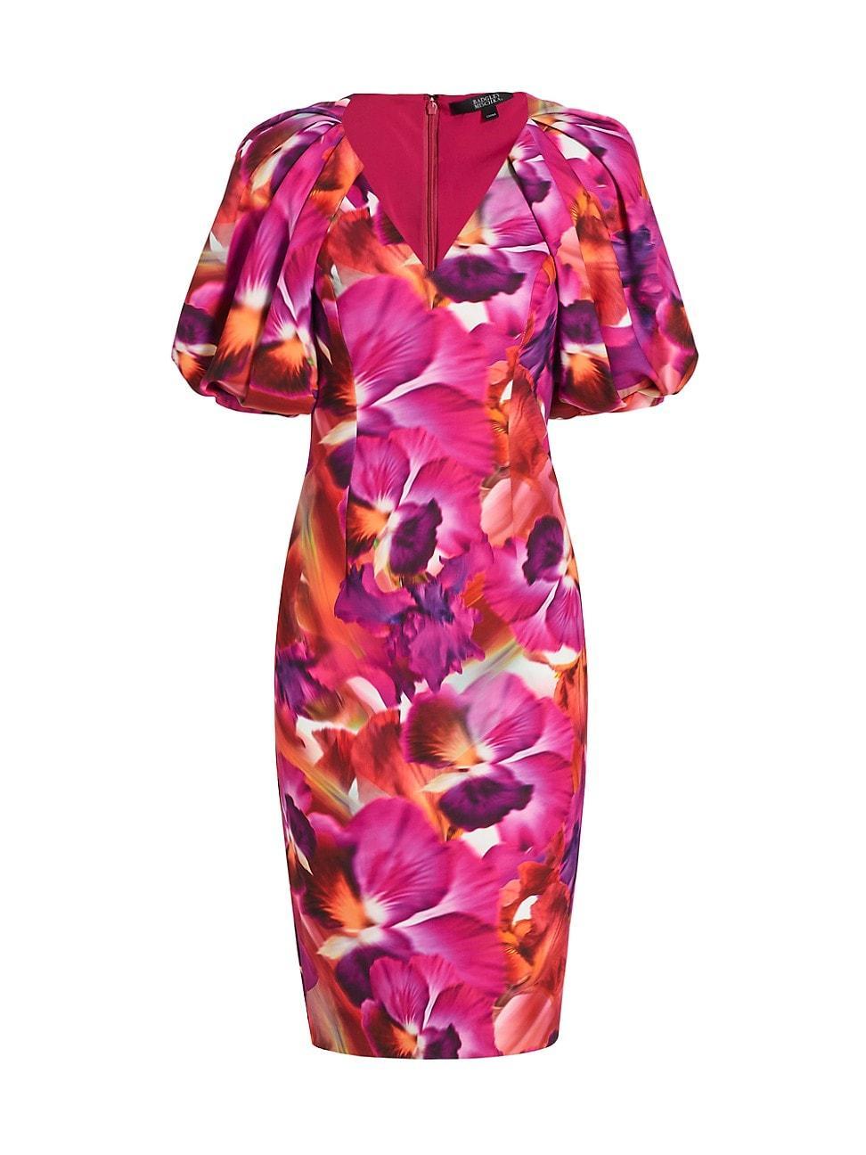 Floral-Print Blouson-Sleeve Bodycon Midi Dress Product Image