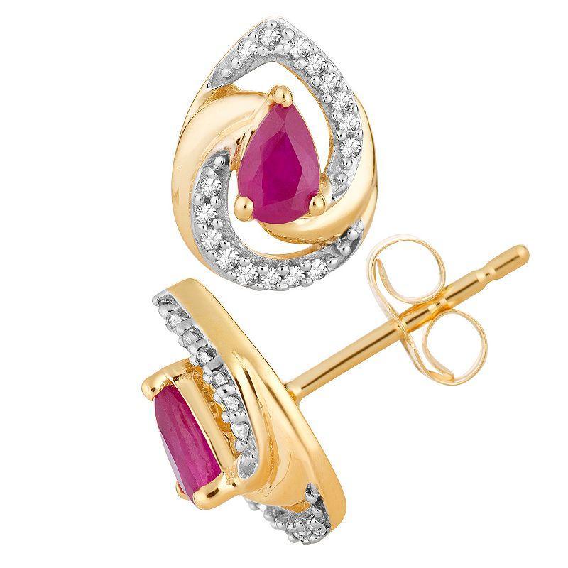 10k Gold Ruby & 1/10 Carat T.W. Diamond Teardrop Stud Earrings, Womens Product Image